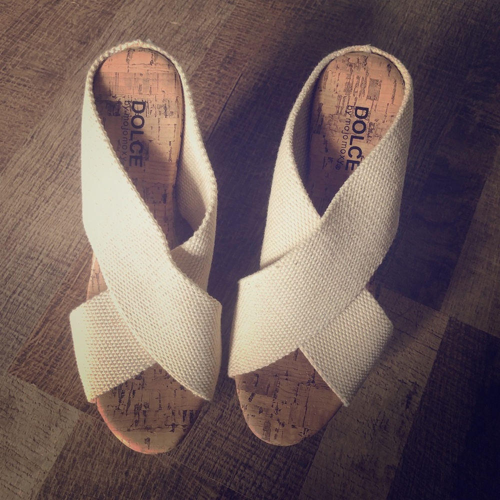 Dolce By Mojo Moxy Tan Cross Strap Wedge Sandals